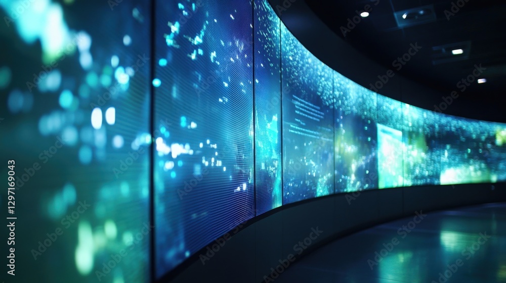 Poster large curved screen displaying complex data visualizations and infographics, suggesting a futuristic