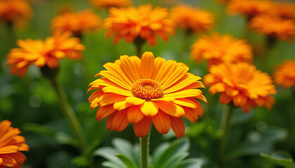 Calendula flowers, vibrant mood, blooming in a garden background