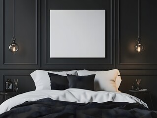 Modern dark bedroom with a wooden bed, white pillows, and a blank canvas on the wall. Hanging lights and a green plant add a cozy, stylish touch.  
