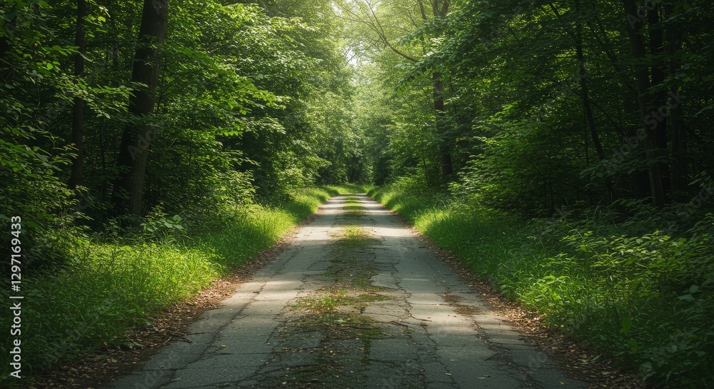 Poster sunlit forest path - a sun-dappled path winds through a lush green forest, creating a tranquil and s