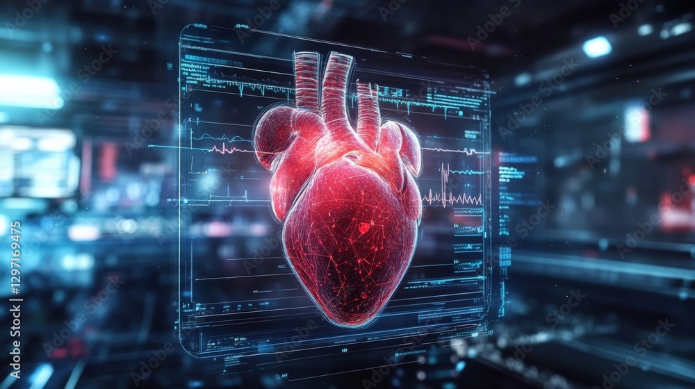 Poster futuristic medical interface displaying a 3d model of a human heart with real time data analysis and