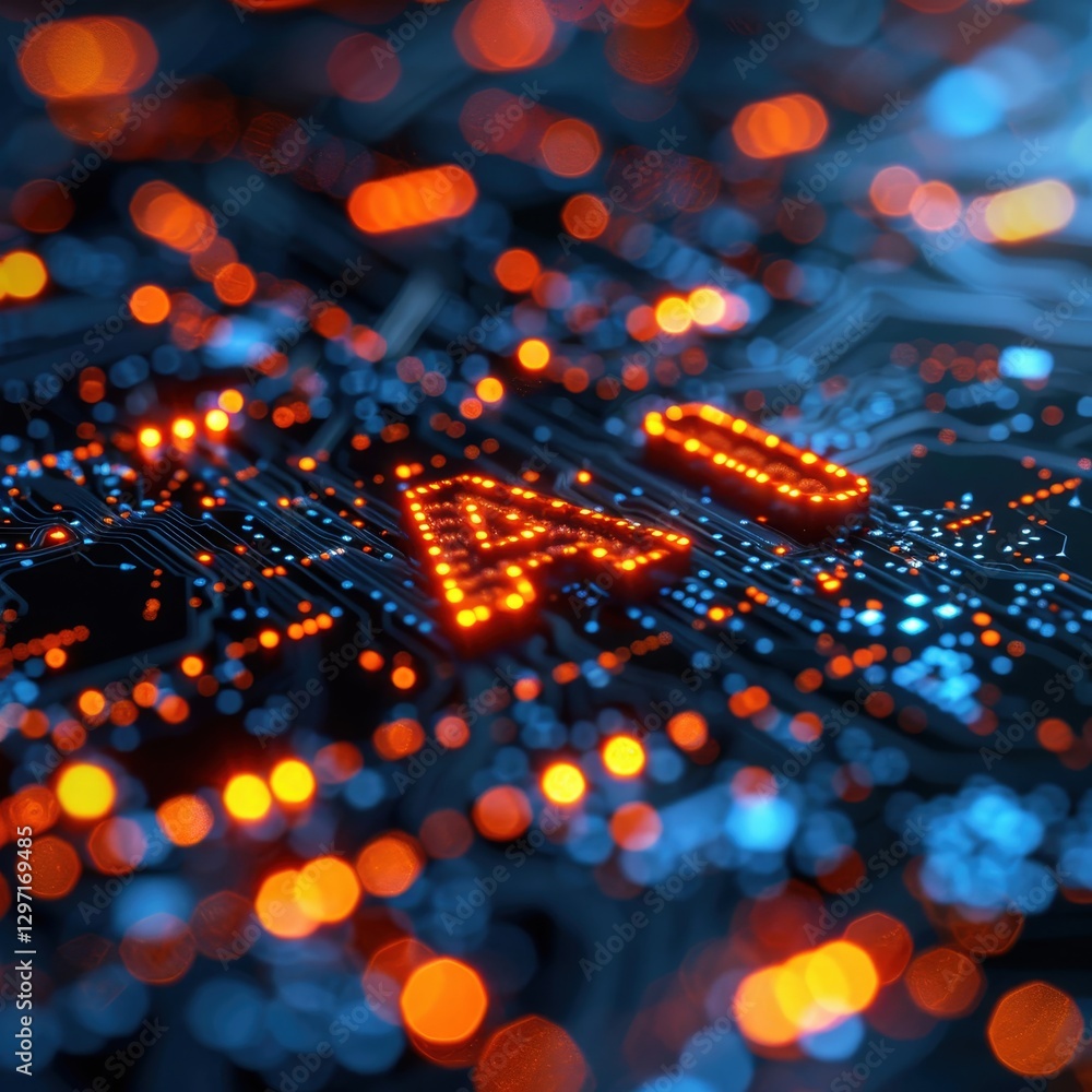 Poster bold illuminated letters spelling ai intertwine with a brain model and circuitry. neon colors create