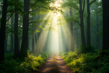 Obraz premium Misty forest, tranquil mood, sun rays shining, beautiful pathway, natural scenery with copy space