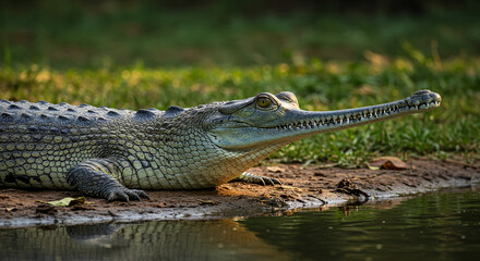 Fototapeta premium gharial with long snout resting near water edge in natural habitat