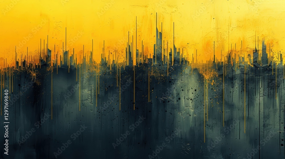 Poster dynamic black strokes ascend sharply amid a vibrant yellow backdrop creating an abstract representat