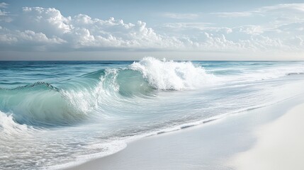 Fototapeta premium A powerful turquoise ocean wave breaking on a white sandy beach