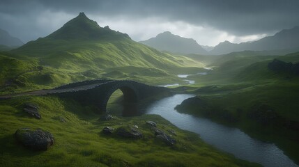 Picturesque Scottish Highland Scene with Winding River and Bridge