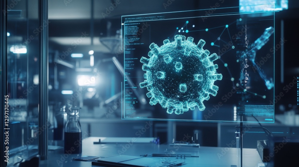 Poster an advanced laboratory scene featuring a 3d hologram of a virus particle with interactive controls a