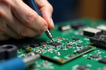 Fototapeta premium An individual is focused on repairing a circuit board using a precision tool. The workshop is filled with electronic components showcasing a meticulous working process during the daytime.