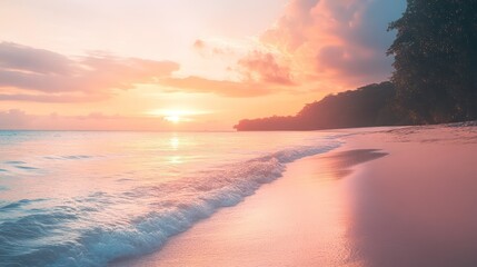 Obraz premium Soft pastel colors grace an ocean sunset on the sandy beach