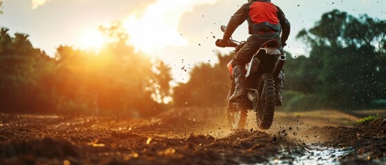 Naklejka premium Rider on a Cross-Country Enduro Motorcycle Going Fast, Thrilling Enduro Racing with Drift Action, Motocross Moto Sport Adventure Isolated on Background with Copy Space. Motorsport Concept.
