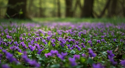 Obraz premium Violet Flowers in Forest Clearing - A carpet of vibrant purple violets blossoms in a sun-dappled forest clearing. Perfect for nature, spring, and floral designs