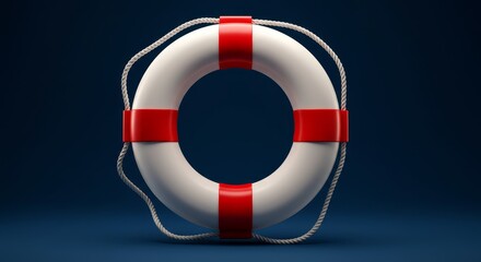 White Lifebuoy on Deep Blue Background - A white lifebuoy with red stripes against a deep blue background symbolizes safety, rescue, emergency preparedness, support