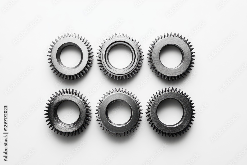 Poster six metallic gears arranged in a grid pattern on a white background, symbolizing teamwork and mechan