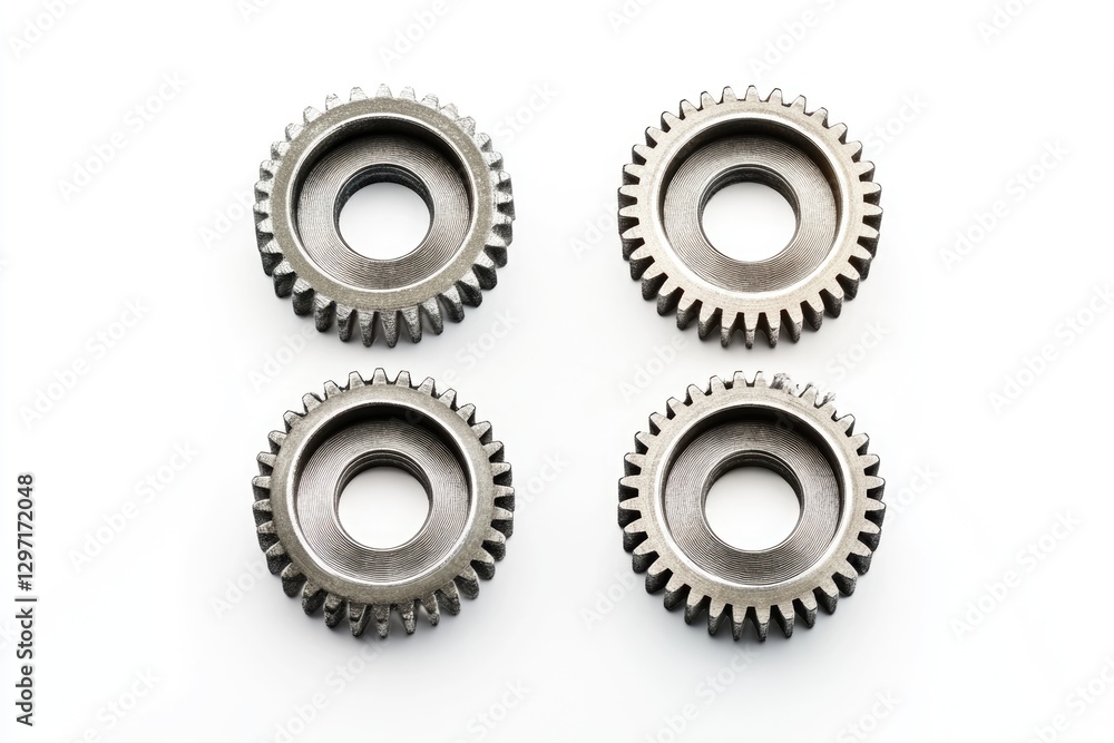 Poster four metallic gears arranged in a square pattern on a white background.