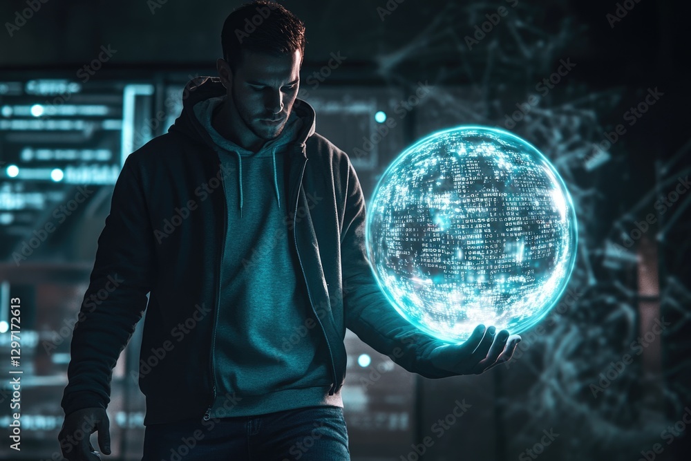 Aufkleber a hooded figure holds a glowing sphere filled with digital code, symbolizing control over data and t