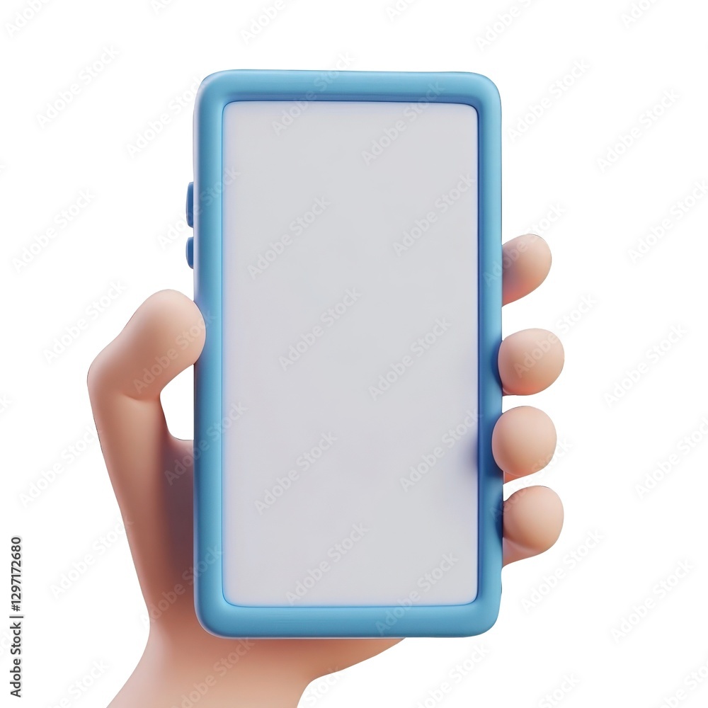 Poster 3d hand holding blue smartphone displaying display empty blank white screen, ideal for mobile app mo