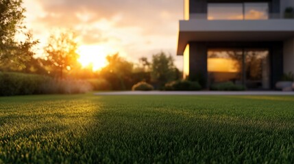 Sunset over a lush green lawn