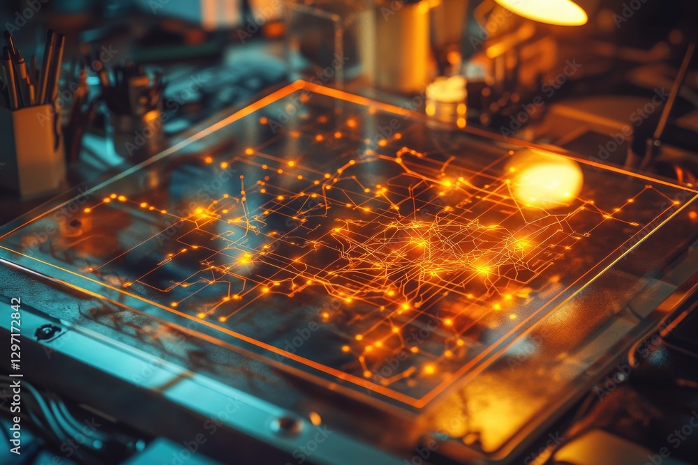 Poster glowing network map displayed on a glass surface, showcasing interconnected nodes and pathways.