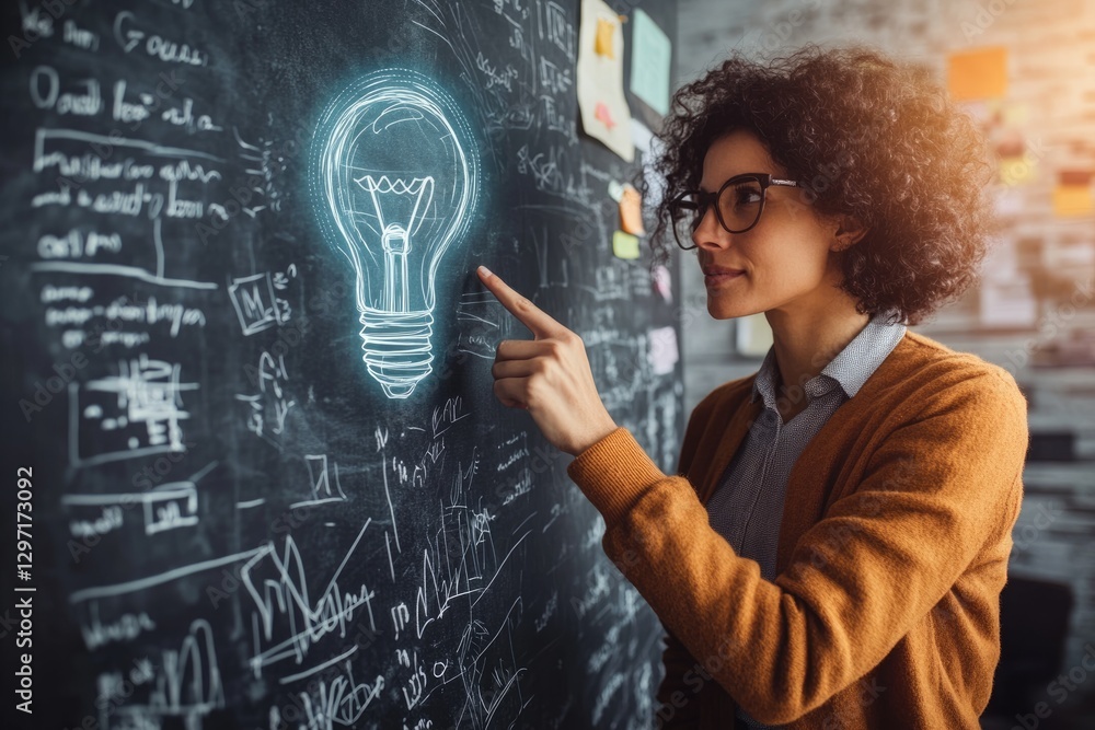 Poster woman points to a glowing lightbulb on a chalkboard filled with equations and diagrams, symbolizing 