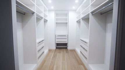 A modern, spacious walk-in closet with white shelves, drawers, and hanging rods. The minimalist design and bright lighting create an elegant and organized storage space.