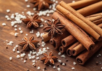 Fragrant Spices with Cinnamon Sticks, Star Anise, and Sugar Crystals on Rustic Wooden Surface Perfect for Culinary and Decorative Uses