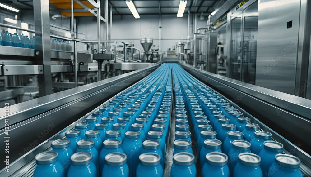 Poster rows of blue bottles move along a conveyor belt in a beverage factory. the production line is busy d