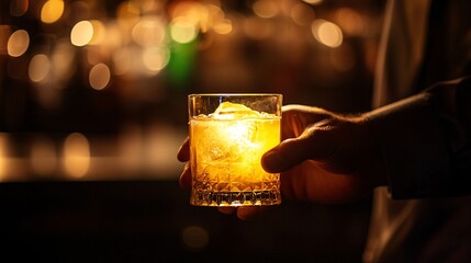 Elegant Glass with Golden Drink and Ice Cubes in Bar Setting