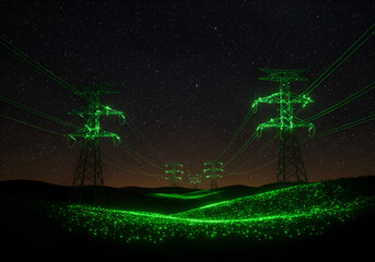 Serene glowing transmission towers with neon green power lines, revealing a pulsating electrical wave in a futuristic energy scene beneath a glowing night sky