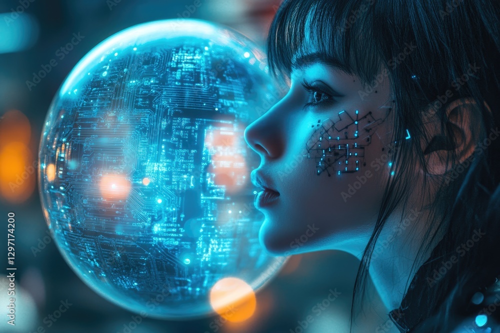 Poster cyberpunk woman gazes at a futuristic sphere displaying intricate circuit patterns, symbolizing tech