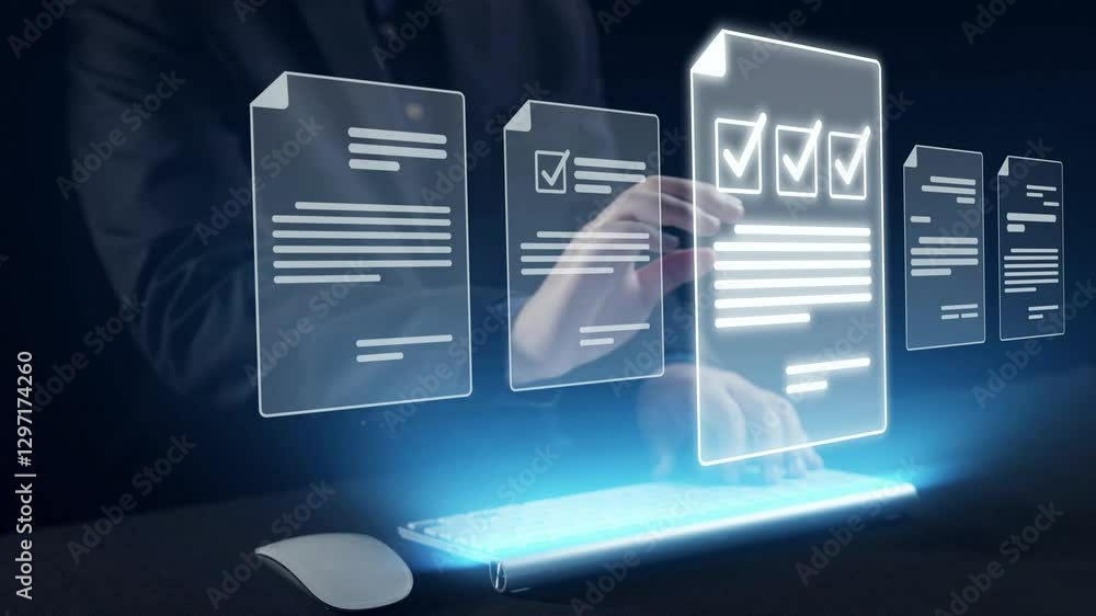 Poster business person managing online documents for efficient work processes. ensure secure and quick acce