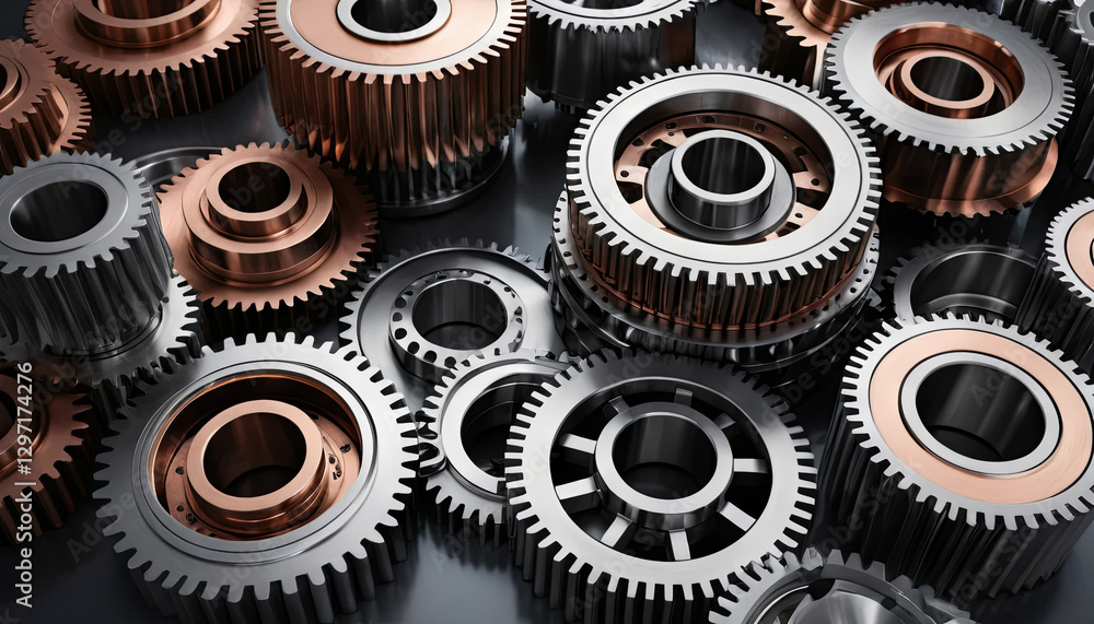 Poster various metal gears and cogs are scattered across a reflective surface in a workshop. the intricate 