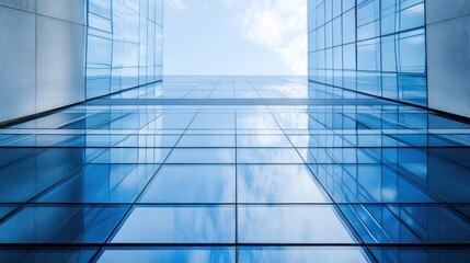 Abstract upward view of a modern glass skyscraper building