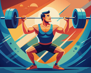 Obraz premium Vector Illustration of a Weightlifter in Action: Dynamic Sports Scene Depicting an Athlete Lifting a Heavy Barbell, Showcasing Strength, Determination, and Athletic Prowess in a Vibrant Gym S