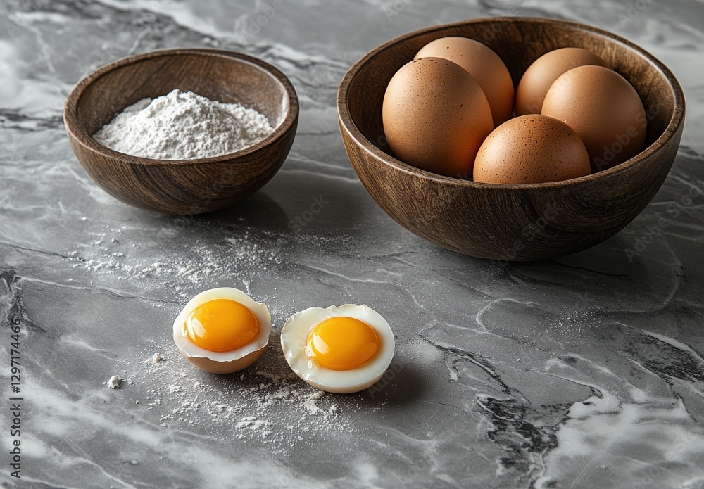 Poster Fresh Eggs and Flour on Marble Surface Ready for Baking with Bright Yellow Yolks Highlighted in Split Eggshells