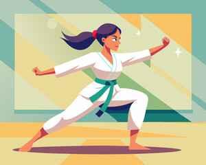 A martial artist showcasing a powerful kick in a dojo, emphasizing dedication and abundance in the practice of martial arts.