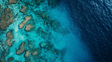 Obraz premium Aerial view of coral reef and deep blue ocean waters