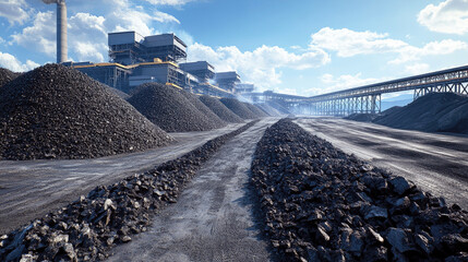 A large industrial coal mining site with heaps of black coal and conveyor belts under a bright blue sky. A scene of energy production and heavy industry.