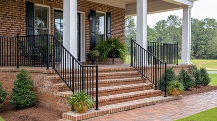 Brick porch steps with black metal railing