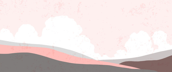 Minimal vector abstract landscape with clouds. Mountain background with watercolor texture in earthy tones. Vector design for prints, posters, covers, wall art and home decor.