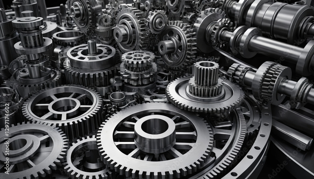 Poster a detailed assortment of metallic gears and cogs interlock within an industrial context, highlightin