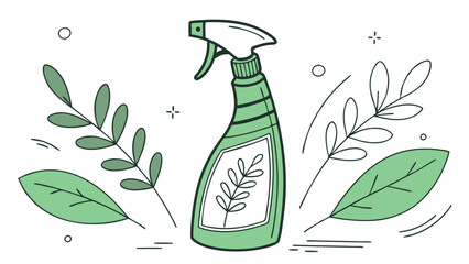 A vibrant illustration of a spray bottle next to leaves, representing cleanliness with an emphasis on natural ingredients.