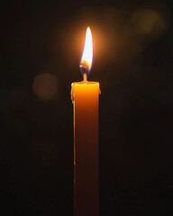  Burning candle with melted wax in dark background