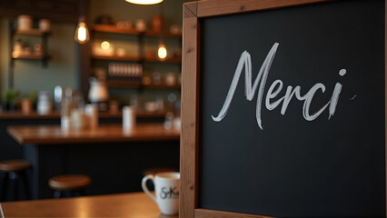 Elegant White Script Merci Chalkboard Sign in Rustic Cafe Interior