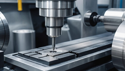 Fototapeta premium A CNC milling machine is performing a precise cutting operation on a metal workpiece in a well-lit workshop. The setup showcases advanced technology and attention to detail in manufacturing