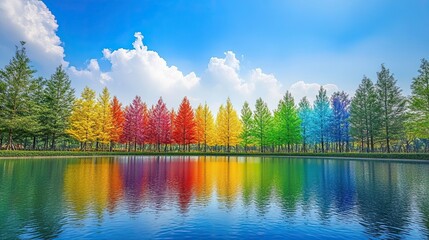 Fototapeta premium Vibrant rainbow-colored trees reflecting on a calm lake under a bright blue sky, creating a surreal and dreamy landscape.