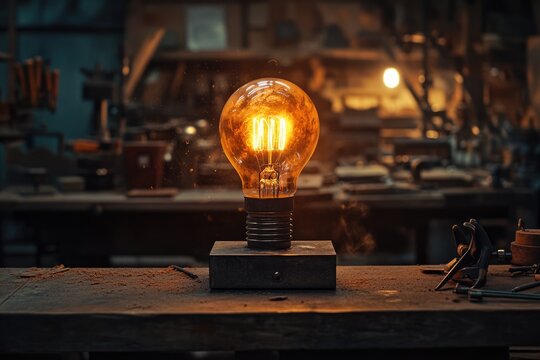 Glowing vintage light bulb on a rustic workbench in a dimly lit workshop, sparks of creativity.