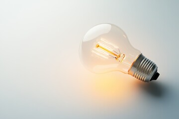 A glowing incandescent light bulb rests on a light gray surface, illuminating ideas and innovation.