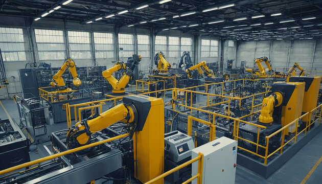 Inside a spacious manufacturing facility, multiple robotic arms operate efficiently on an assembly line, demonstrating cutting-edge industrial automation. The environment is well-lit and organized
