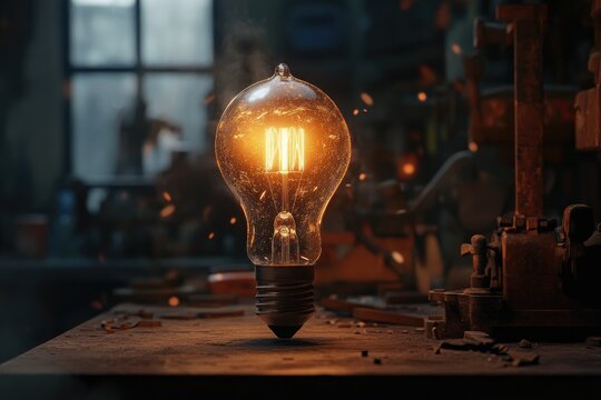 A glowing vintage light bulb stands on a rustic wooden table in a dimly lit workshop, sparks flying.